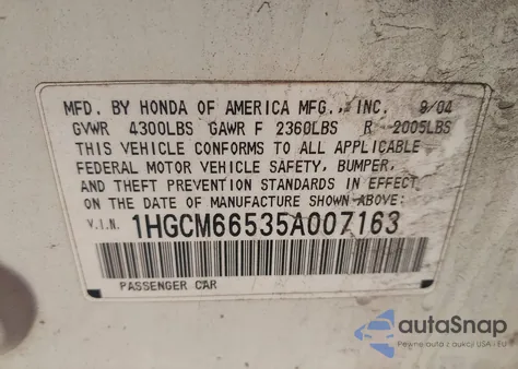 2005 Honda Accord 3.0 Ex z USA, uszkodzony, nr VIN 1HGCM66535A007163